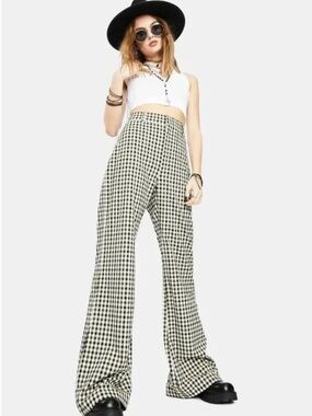 Free People Plaid Jules Pants Green Black White Flare Wide leg Size 2 Casual